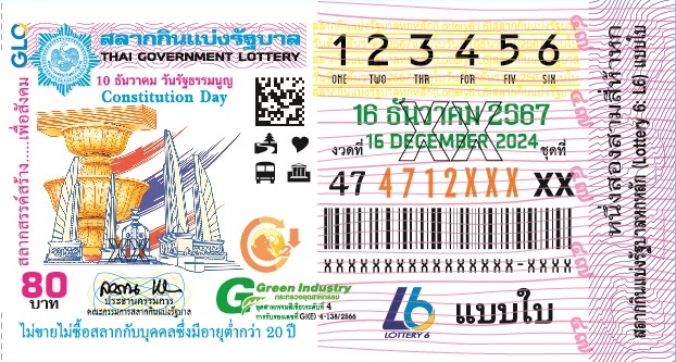 ตัวอย่างสลากกินแบ่งรัฐบาลงวดประจำวันที่ 16 ธันวาคม 2567