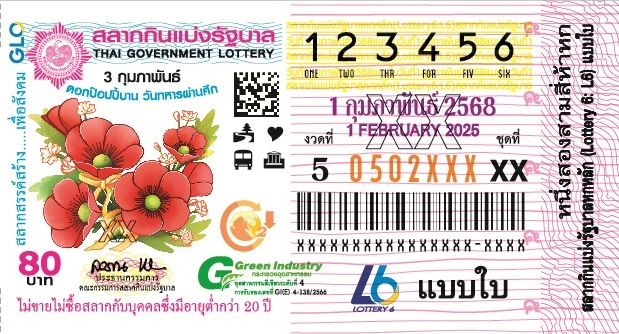 ตัวอย่างสลากกินแบ่งรัฐบาลงวดประจำวันที่ 1 กุมภาพันธ์ 2568